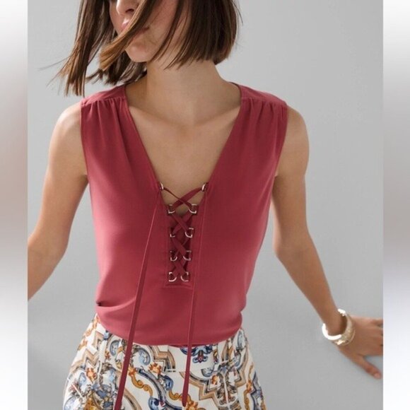 White House Black Market Rust Lace Up Tank Size XXS NWT $55 V Neck - Picture 1 of 9